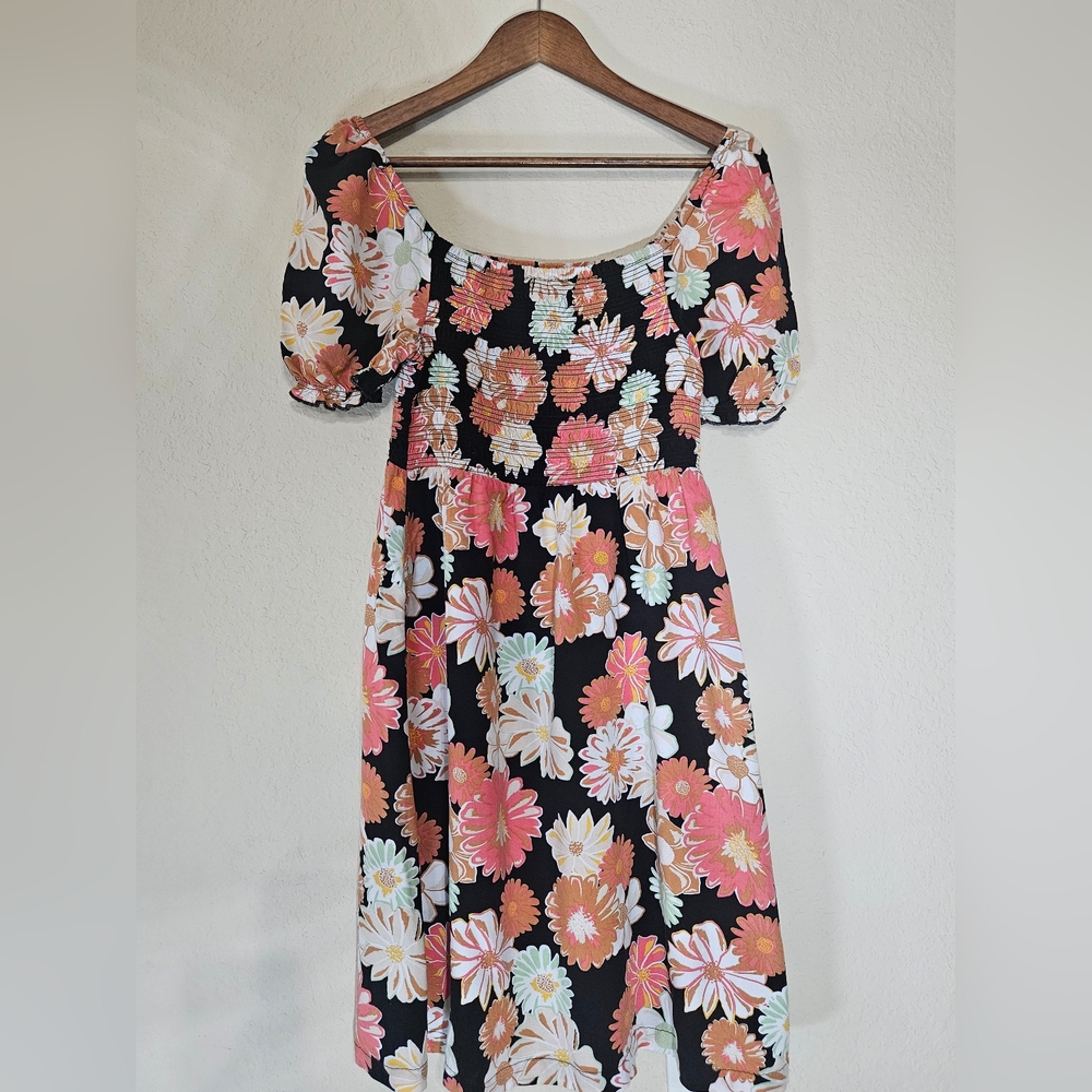 Roxy Smocked Mini Dress Womens Small Black Floral Puff Sleeve